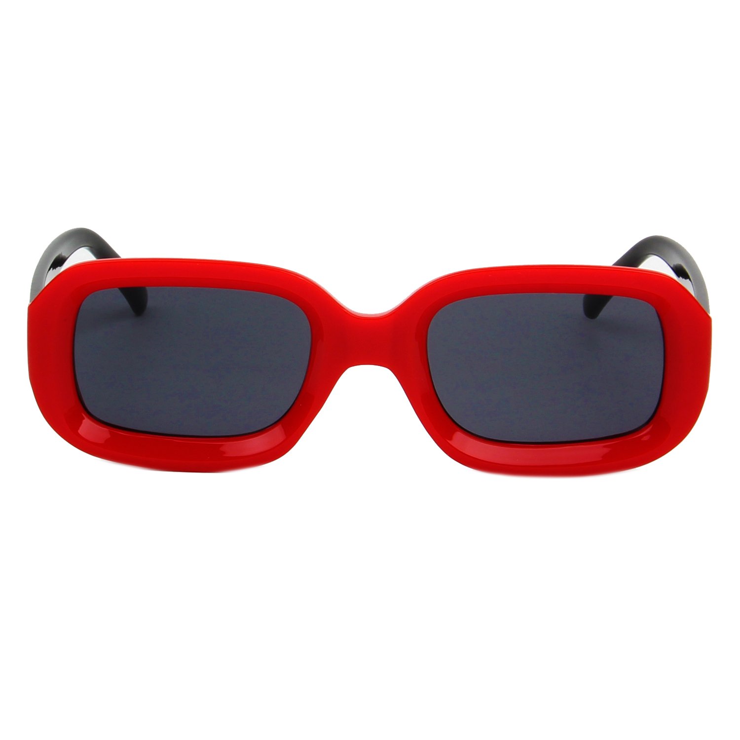 Red rectangular sunglasses with dark lenses.