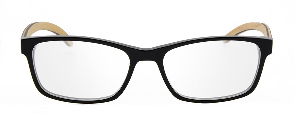 Amada Acetate & Wood Glasses featuring stylish tortoise and black frames with multilayer wood arms.