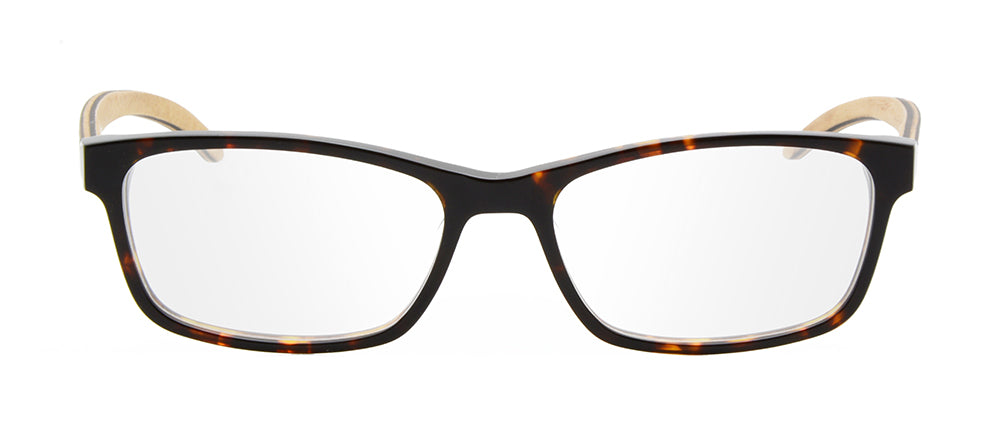 Amada Acetate & Wood Glasses featuring stylish tortoise and black frames with multilayer wood arms.