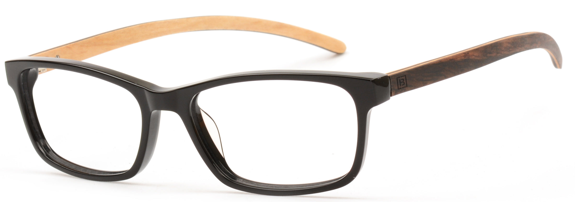 Amada Acetate & Wood Glasses featuring stylish tortoise and black frames with multilayer wood arms.