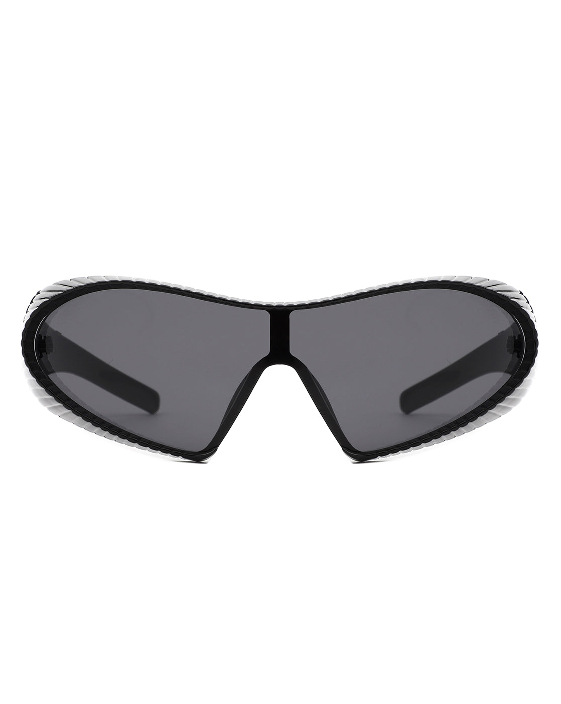 Ascary Oversized Winged Bar Shield Sunglasses with stylish wraparound design and polycarbonate lenses, offering UV protection.