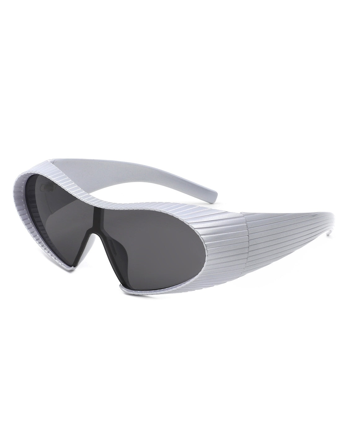 Ascary Oversized Winged Bar Shield Sunglasses with stylish wraparound design and polycarbonate lenses, offering UV protection.