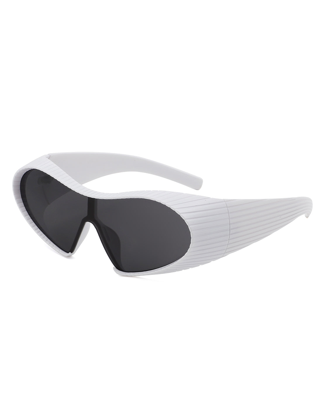 Ascary Oversized Winged Bar Shield Sunglasses with stylish wraparound design and polycarbonate lenses, offering UV protection.