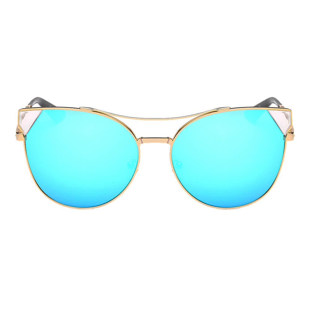 Aspen Women Trendy Cat Eye Sunglasses with mirrored lenses and metal frame, showcasing a stylish design suitable for all face shapes.