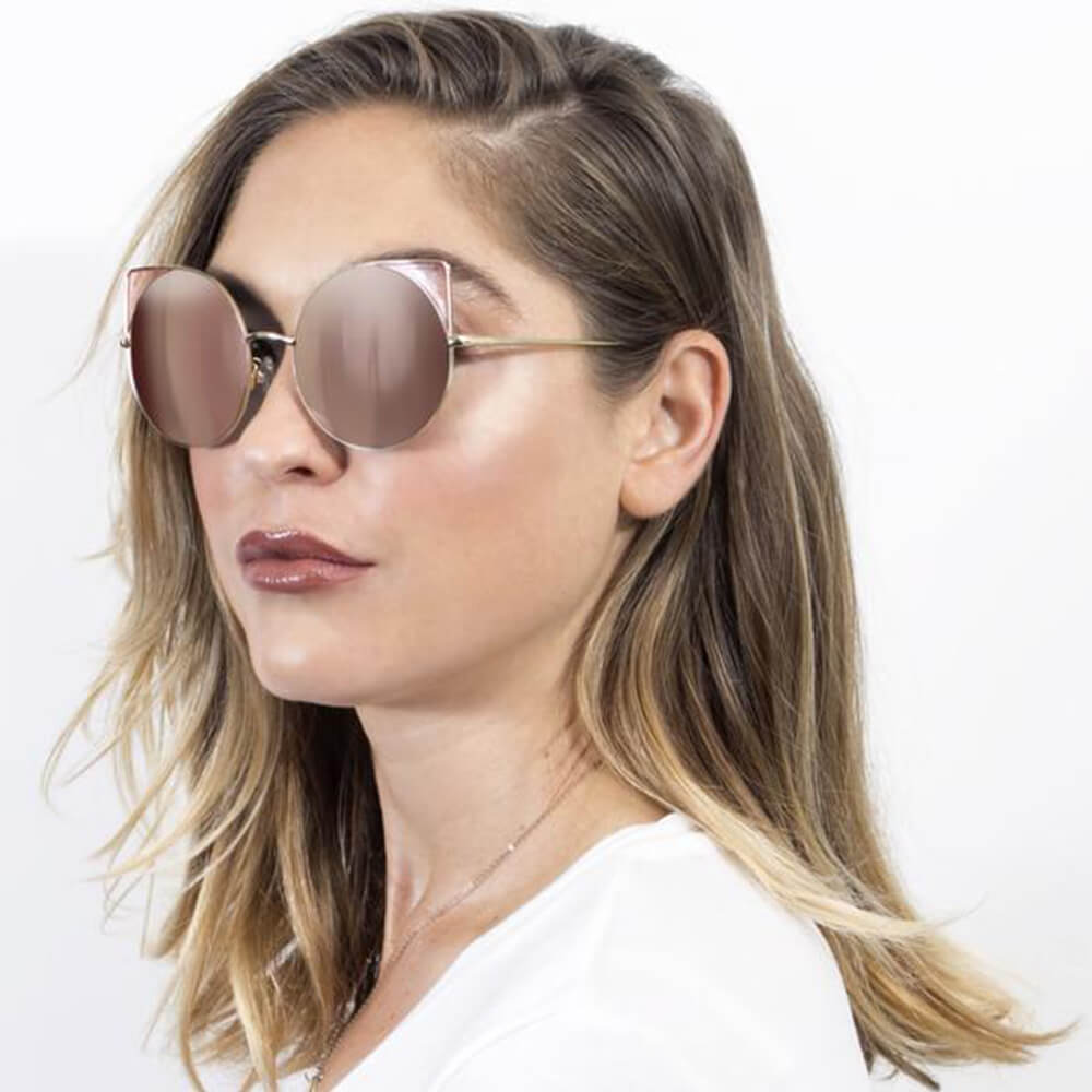 Aspen Women Trendy Cat Eye Sunglasses with mirrored lenses and metal frame, showcasing a stylish design suitable for all face shapes.