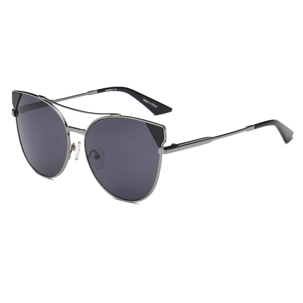 Aspen Women Trendy Cat Eye Sunglasses with mirrored lenses and metal frame, showcasing a stylish design suitable for all face shapes.