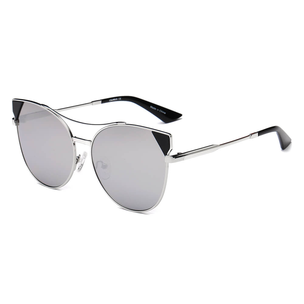 Aspen Women Trendy Cat Eye Sunglasses with mirrored lenses and metal frame, showcasing a stylish design suitable for all face shapes.