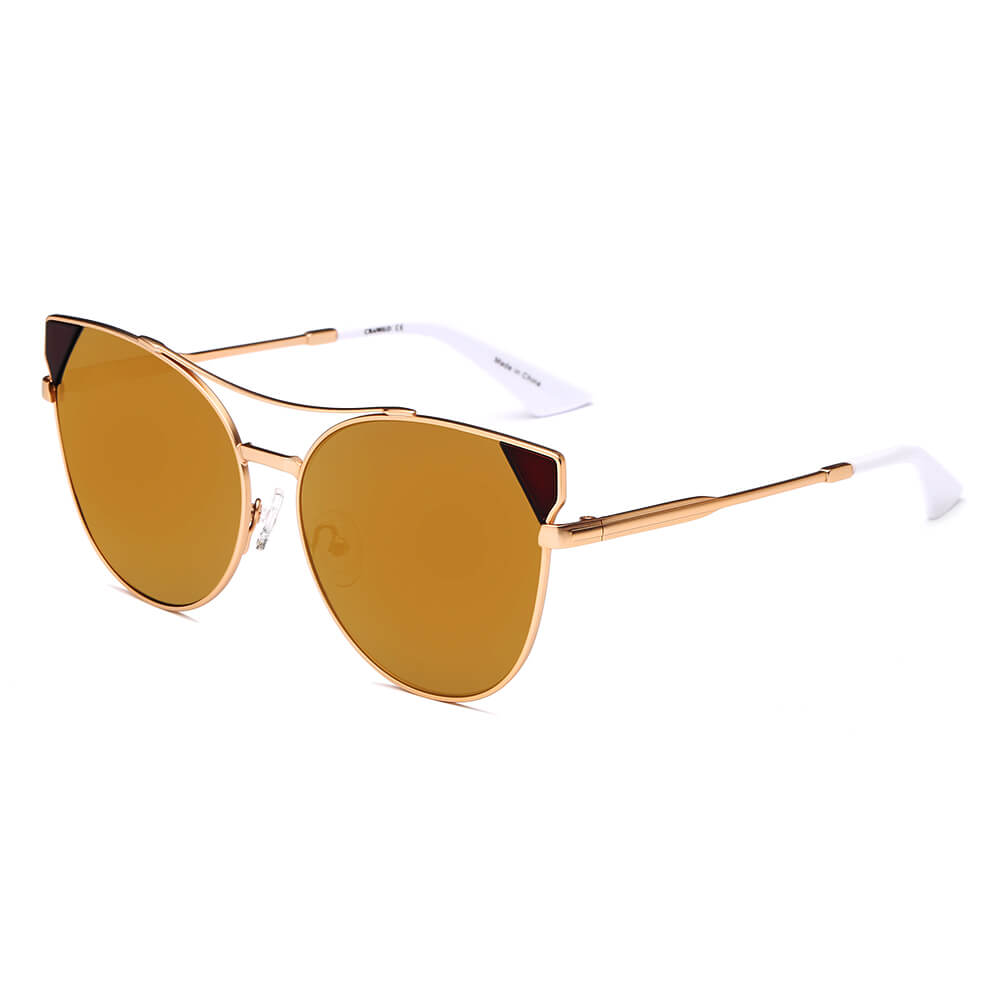 Aspen Women Trendy Cat Eye Sunglasses with mirrored lenses and metal frame, showcasing a stylish design suitable for all face shapes.