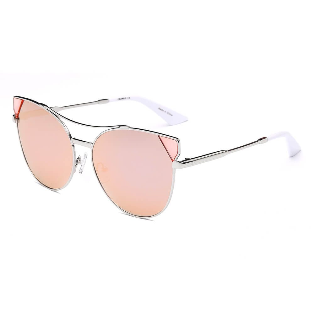 Aspen Women Trendy Cat Eye Sunglasses with mirrored lenses and metal frame, showcasing a stylish design suitable for all face shapes.