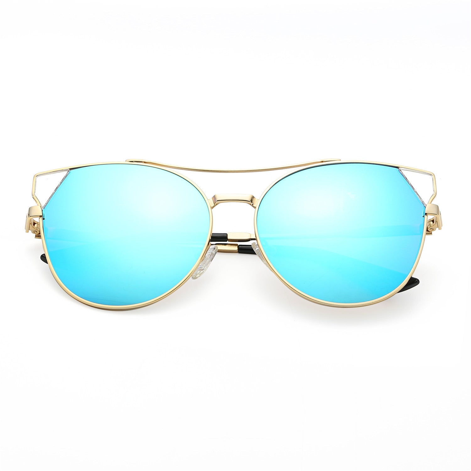 Aspen Women Trendy Cat Eye Sunglasses with mirrored lenses and metal frame, showcasing a stylish design suitable for all face shapes.