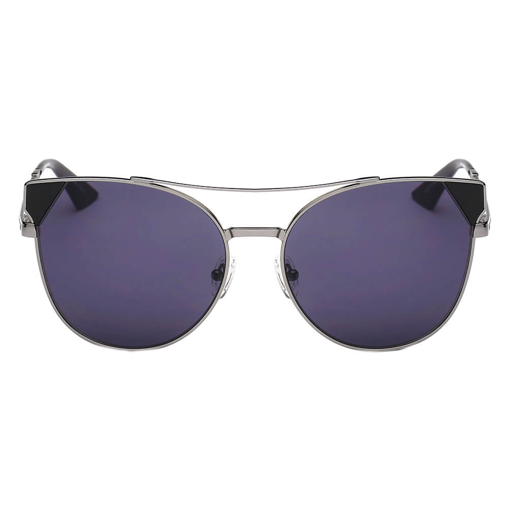 Aspen Women Trendy Cat Eye Sunglasses with mirrored lenses and metal frame, showcasing a stylish design suitable for all face shapes.