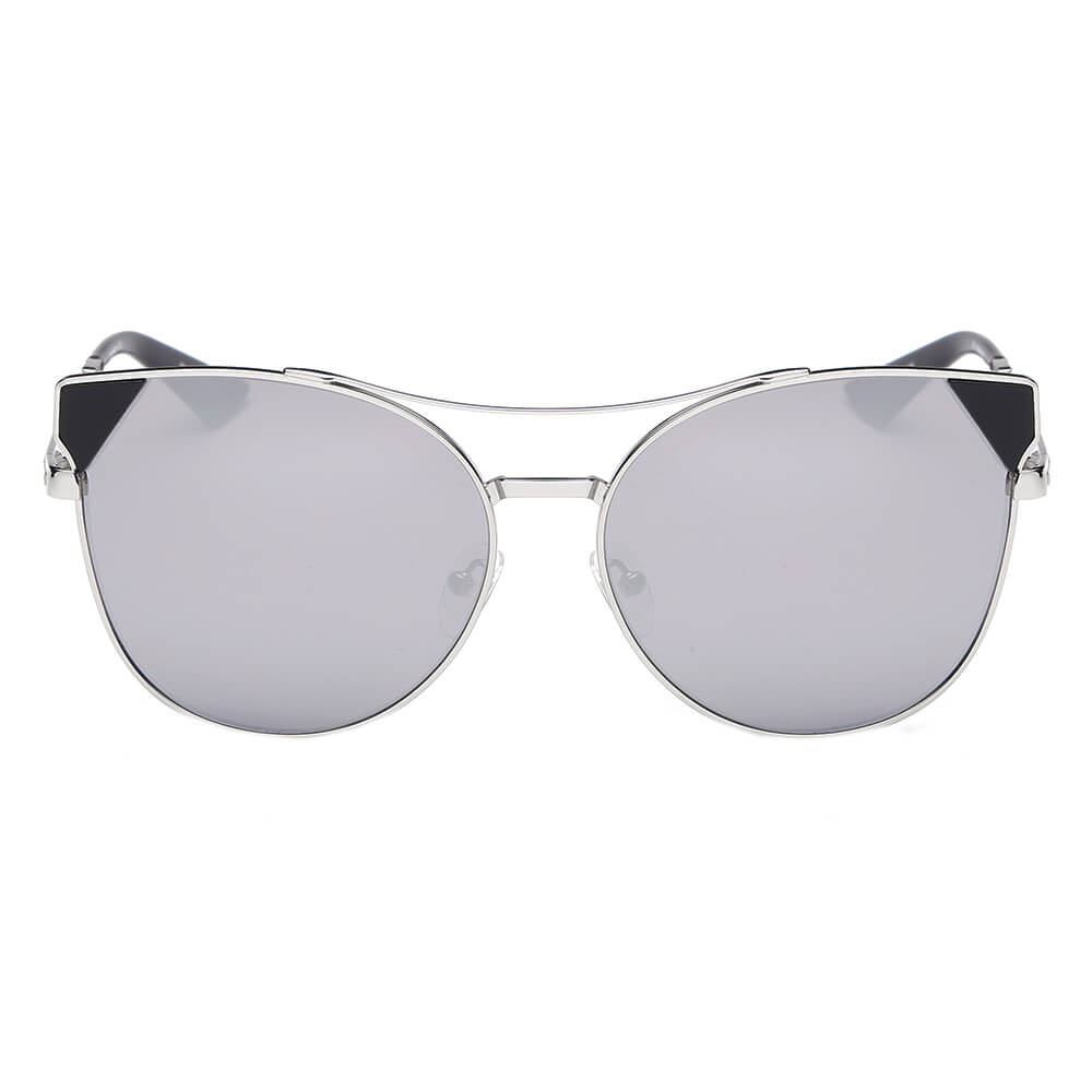 Aspen Women Trendy Cat Eye Sunglasses with mirrored lenses and metal frame, showcasing a stylish design suitable for all face shapes.