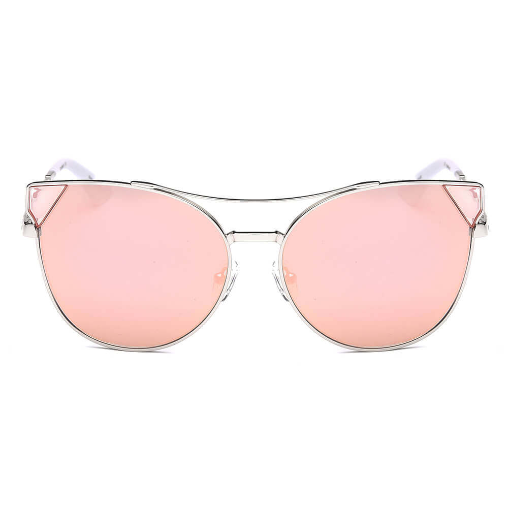 Aspen Women Trendy Cat Eye Sunglasses with mirrored lenses and metal frame, showcasing a stylish design suitable for all face shapes.