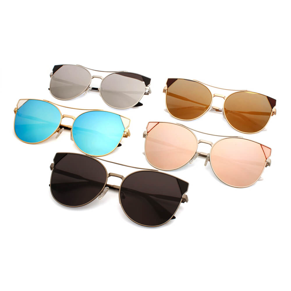 Aspen Women Trendy Cat Eye Sunglasses with mirrored lenses and metal frame, showcasing a stylish design suitable for all face shapes.