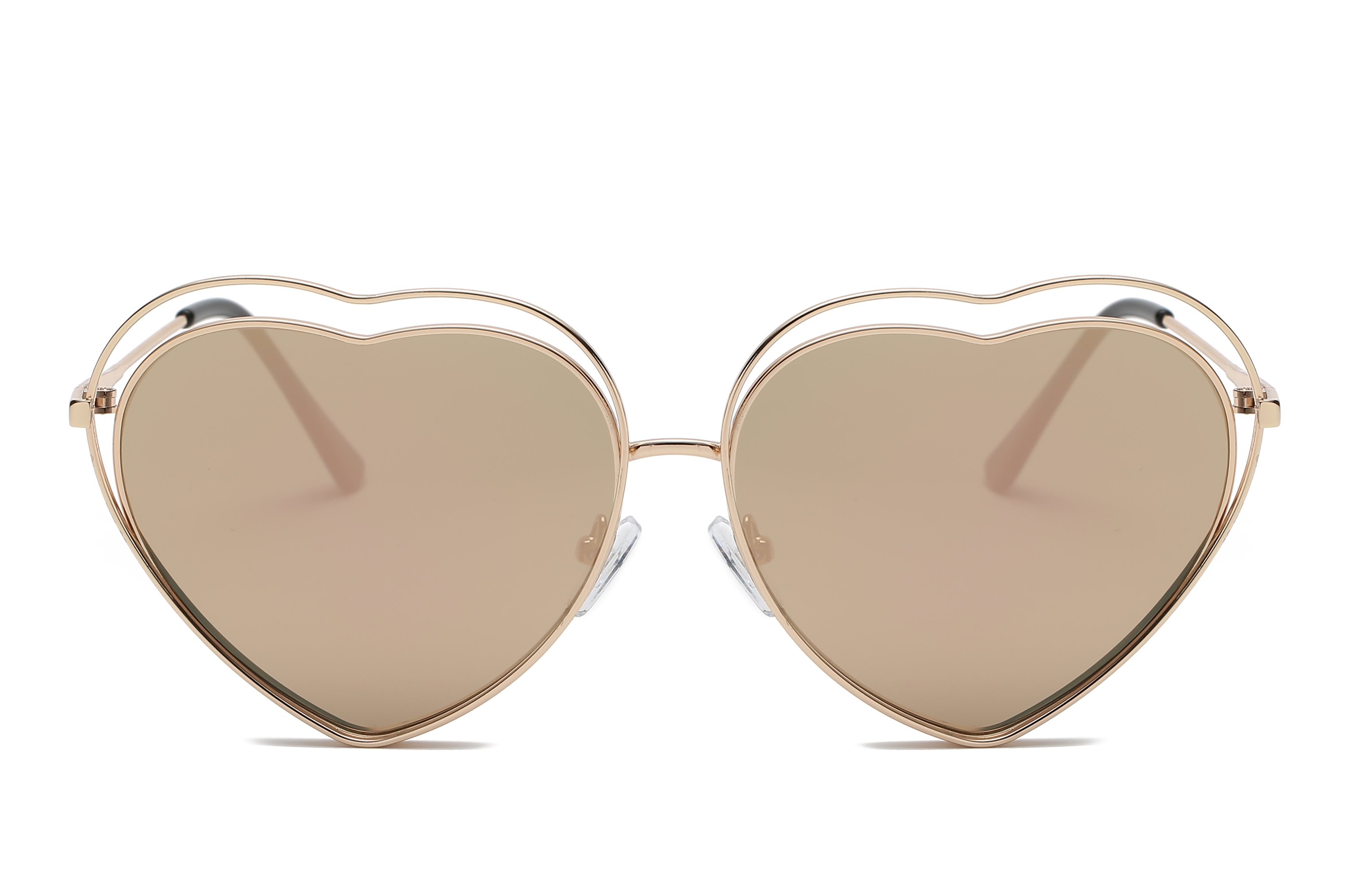 A pair of stylish Astrid heart-shaped sunglasses with mirrored lenses, featuring a metal frame designed for women, offering UV protection.