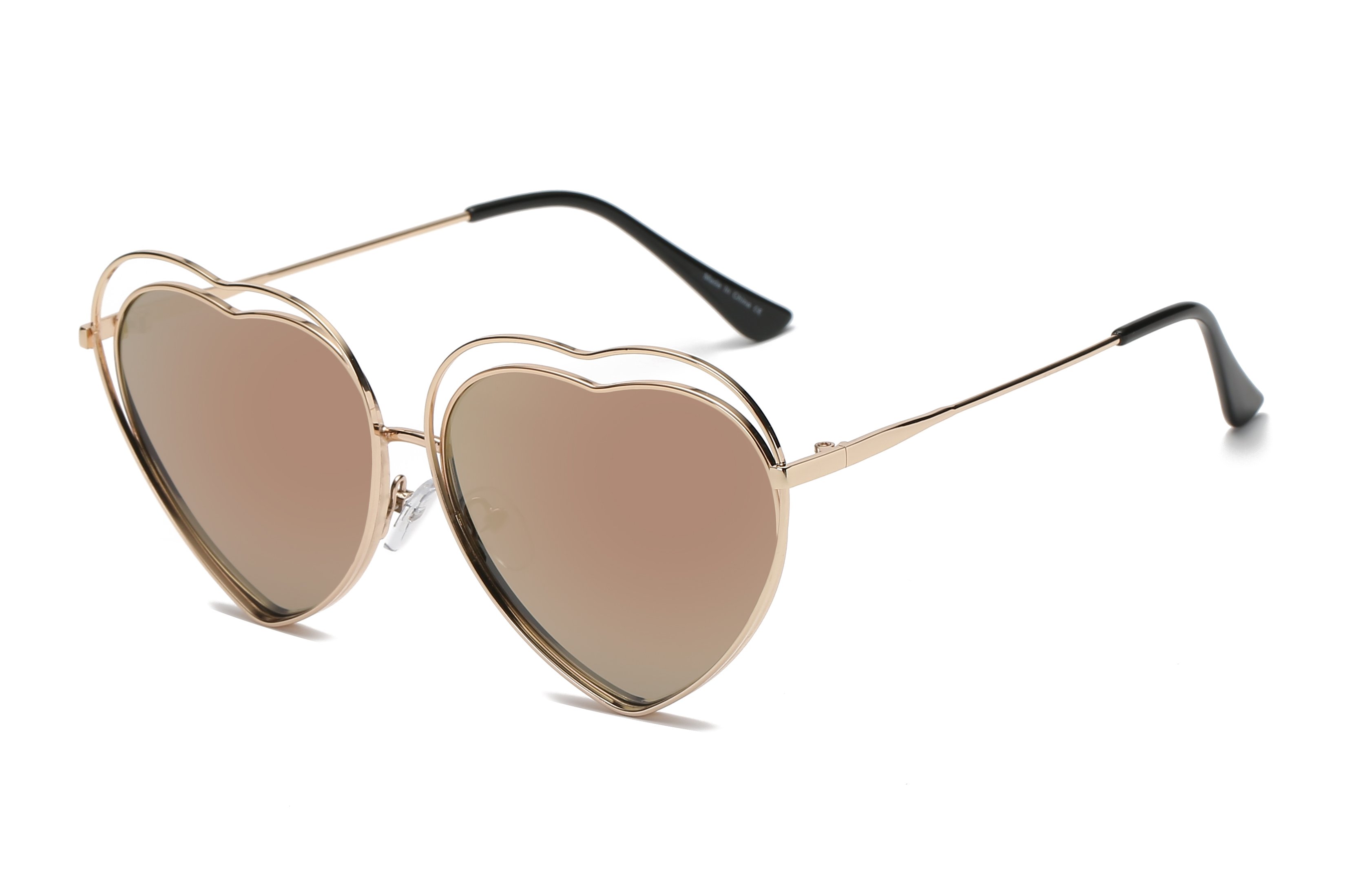 A pair of stylish Astrid heart-shaped sunglasses with mirrored lenses, featuring a metal frame designed for women, offering UV protection.