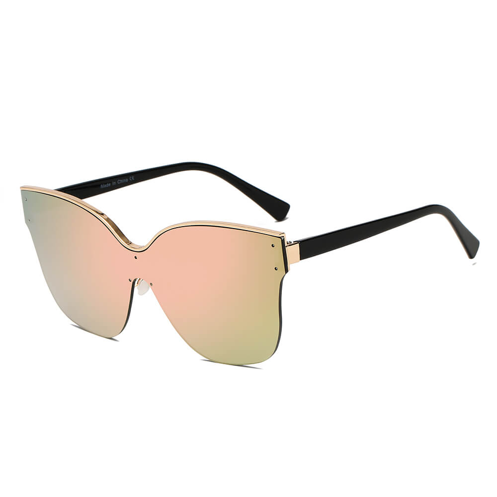 BARCELONA Cat Eye Oversize Sunglasses featuring a single rimless lens design with gold accents, perfect for luxurious women.