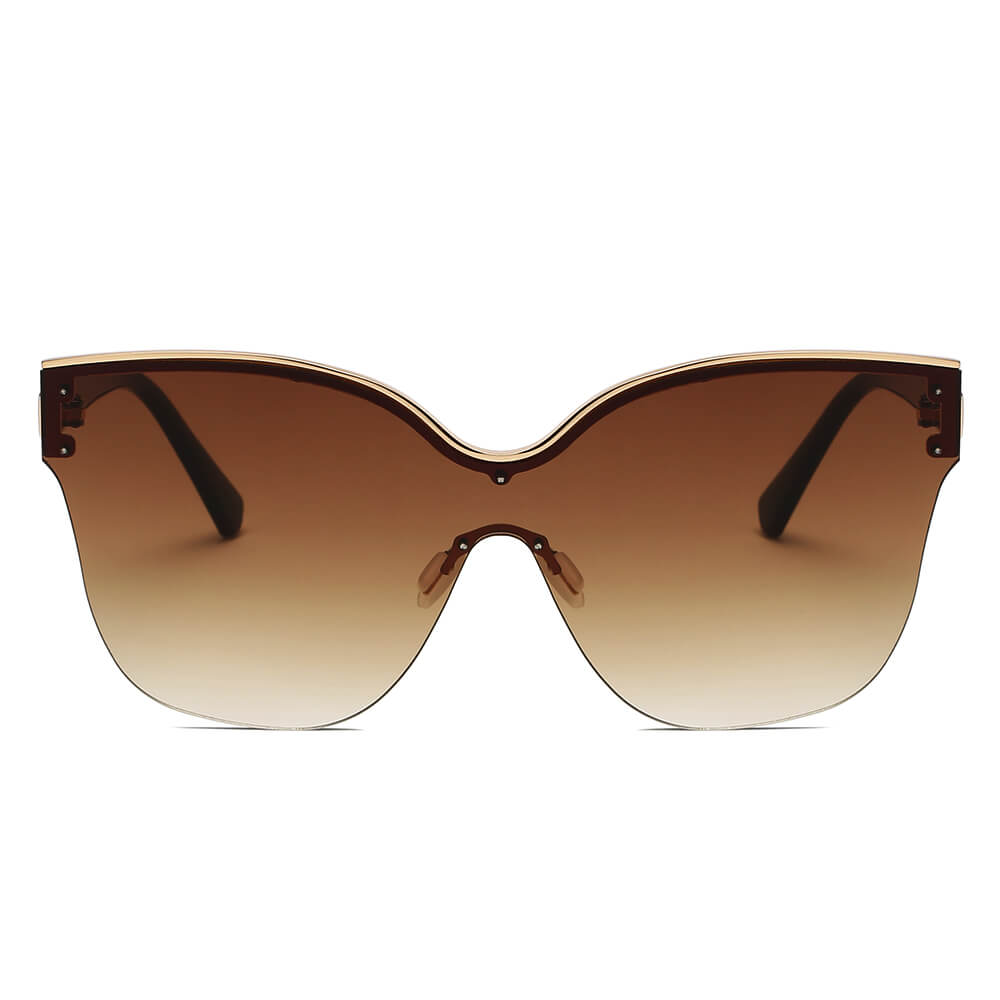 BARCELONA Cat Eye Oversize Sunglasses featuring a single rimless lens design with gold accents, perfect for luxurious women.