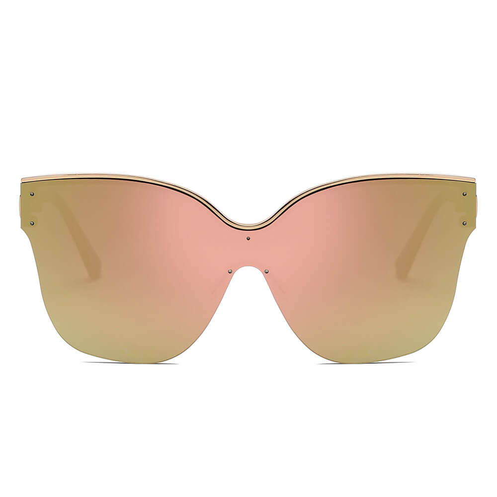 BARCELONA Cat Eye Oversize Sunglasses featuring a single rimless lens design with gold accents, perfect for luxurious women.