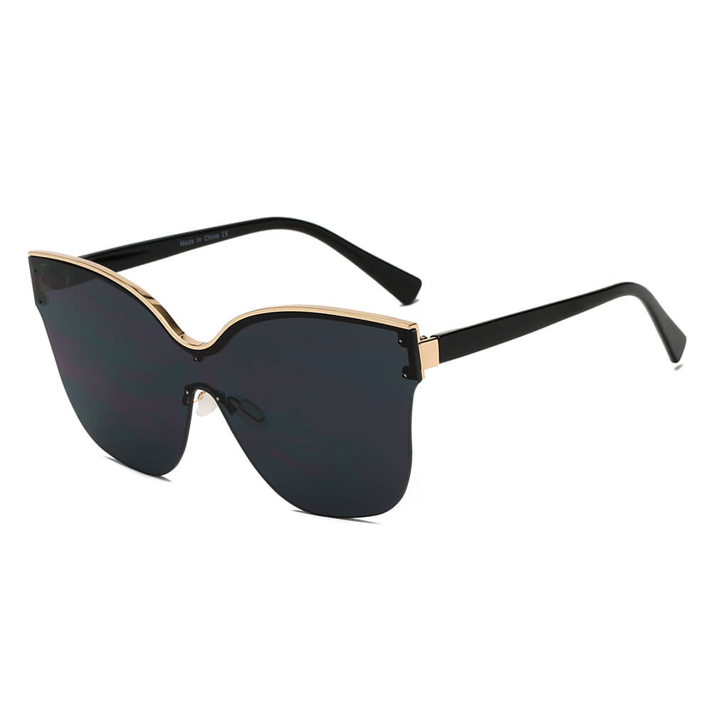 BARCELONA Cat Eye Oversize Sunglasses featuring a single rimless lens design with gold accents, perfect for luxurious women.