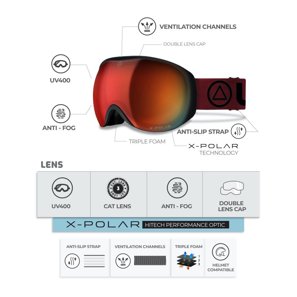 Blizzard Black/Red ski goggles featuring advanced X-POLAR optics and a stylish design, perfect for skiing and snowboarding.