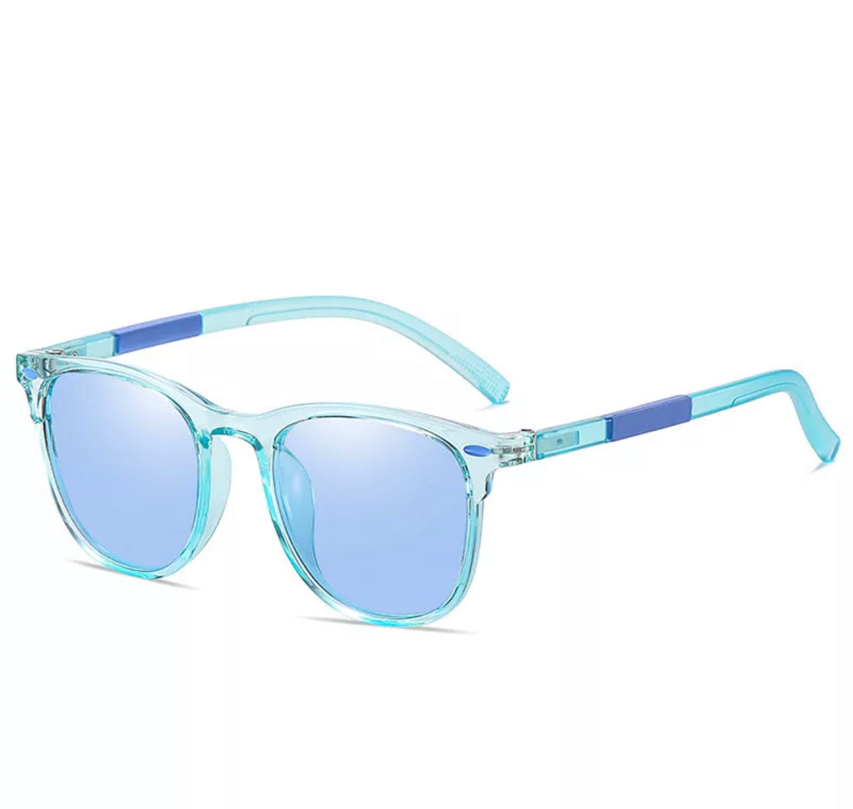 Blue with blue lens rainbow sunglasses for kids aged 3-8, featuring lightweight frames and UV protection.