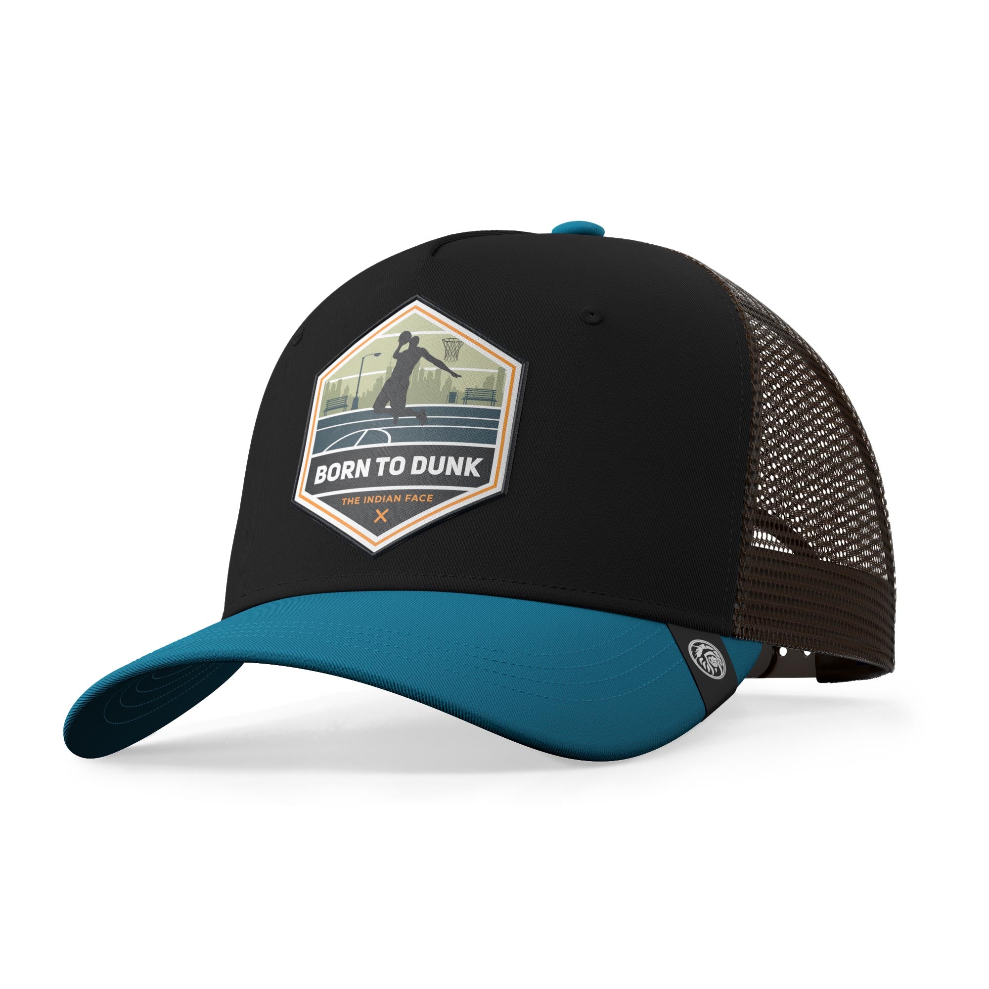 Born to Dunk Brown/Blue trucker cap with cotton front and mesh back, featuring a Snapback closure and curved visor.