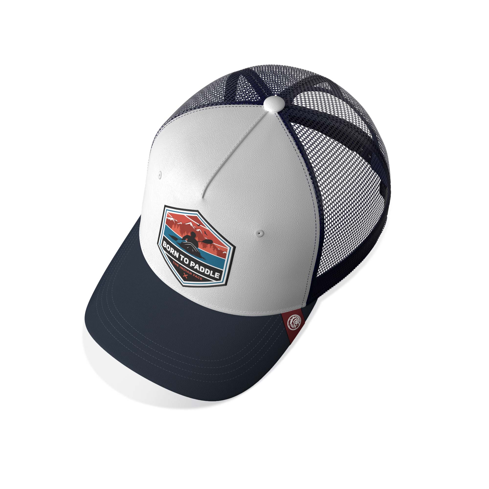 Born to Paddle White/Blue trucker cap with adjustable Snapback closure, featuring a cotton front and mesh back for breathability.