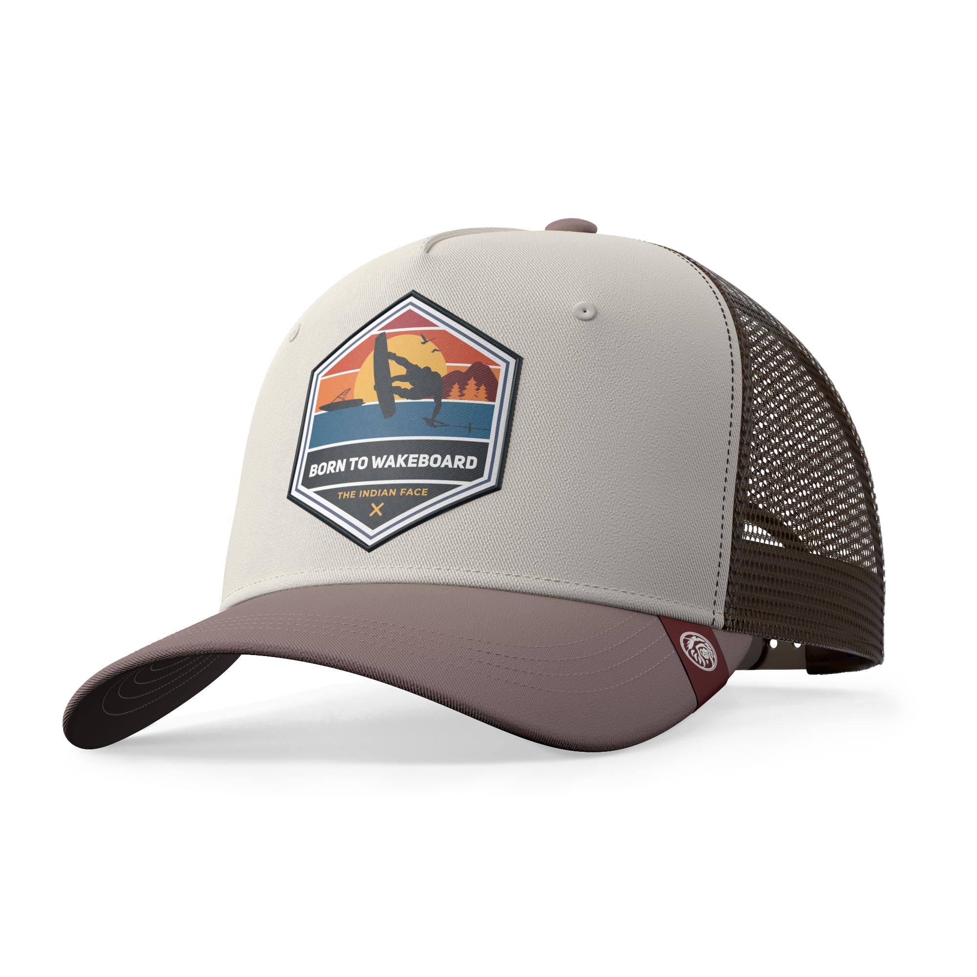 Born to Wakeboard Brown/Grey trucker cap with adjustable Snapback closure and curved visor, perfect for sports enthusiasts.