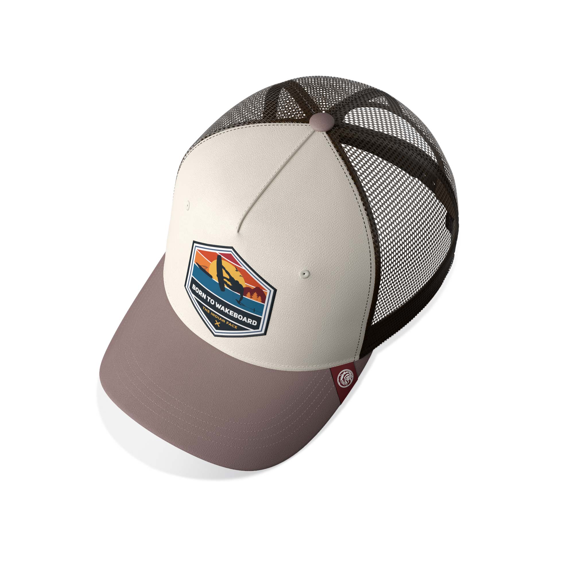 Born to Wakeboard Brown/Grey trucker cap with adjustable Snapback closure and curved visor, perfect for sports enthusiasts.