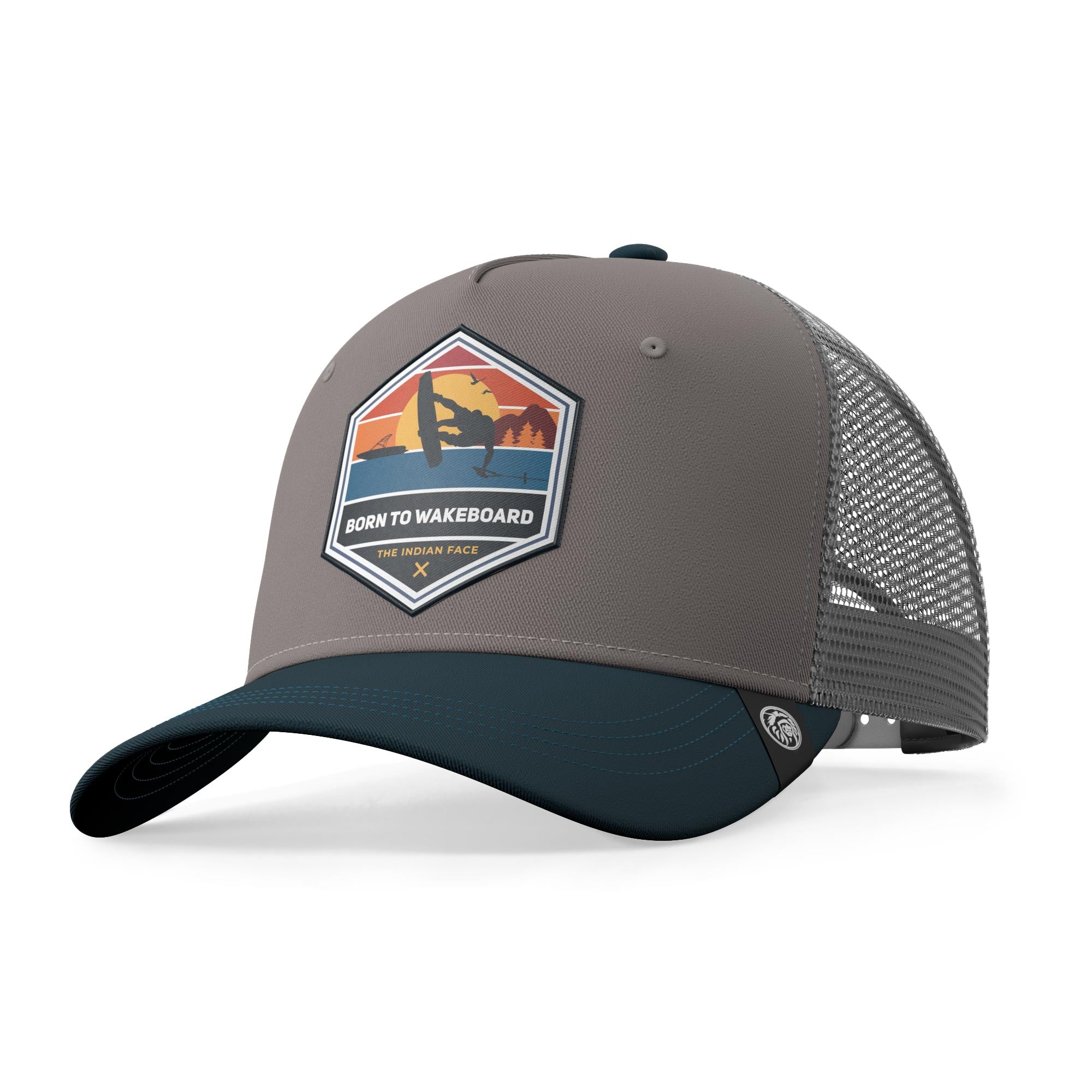 Born to Wakeboard Grey/Blue trucker cap with adjustable Snapback closure and curved visor, perfect for sports enthusiasts.