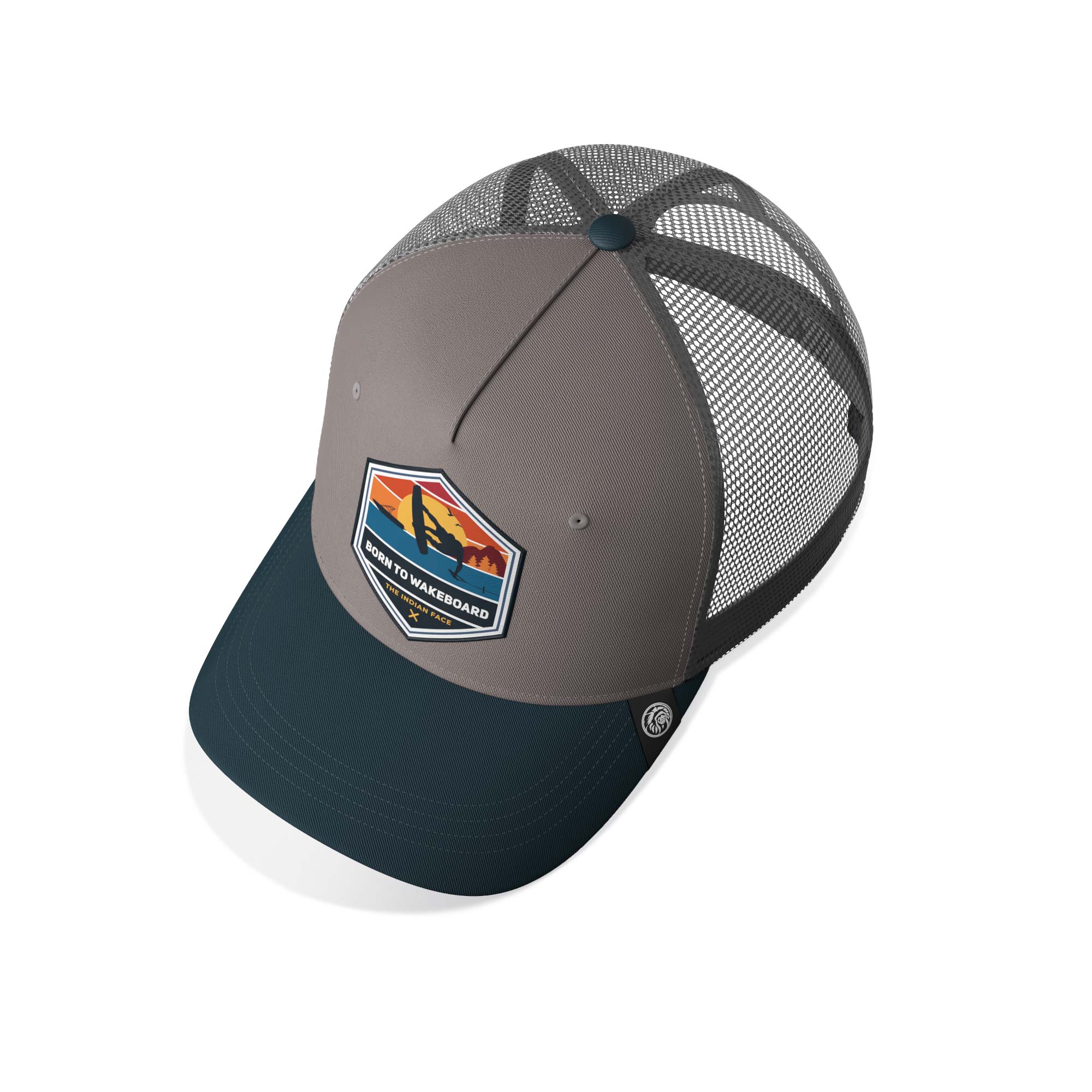 Born to Wakeboard Grey/Blue trucker cap with adjustable Snapback closure and curved visor, perfect for sports enthusiasts.