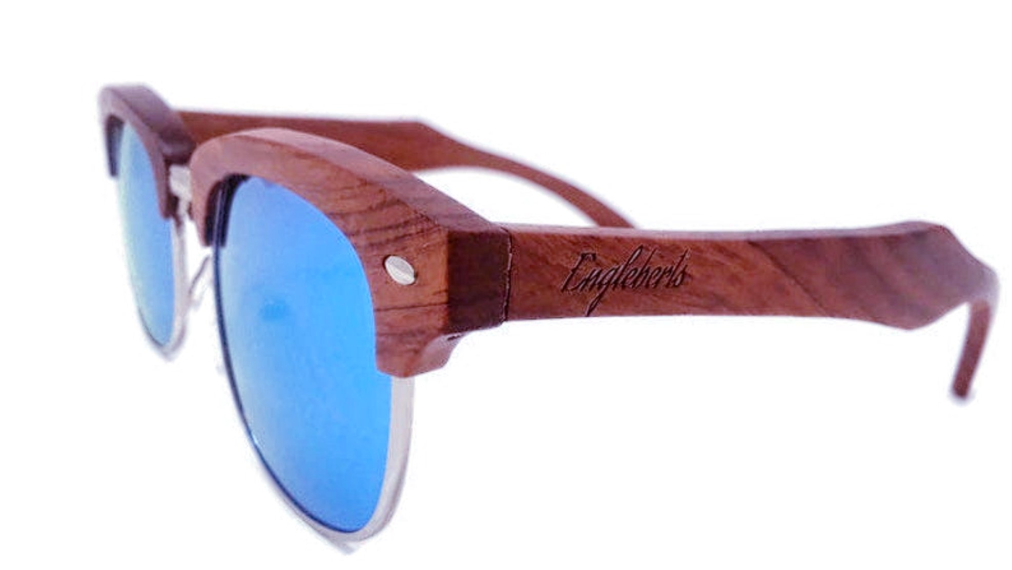 Engleberts Brazilian Pear Wood Sunglasses with Ice Blue Polarized Lenses, showcasing handcrafted design and eco-friendly materials.