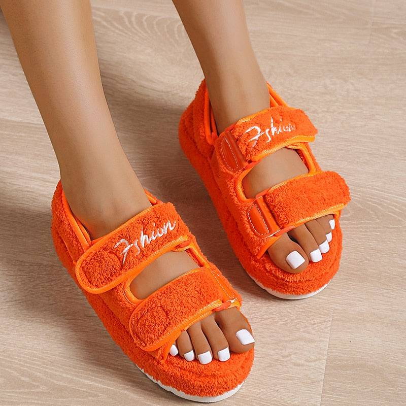 Casual thick bottom women sandals in black, orange, green, and blue colors, showcasing their stylish design and comfort.