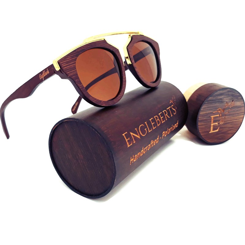 Engleberts Cherry Wood Full Frame sunglasses with polarized lenses and gold trim, displayed in a bamboo case.