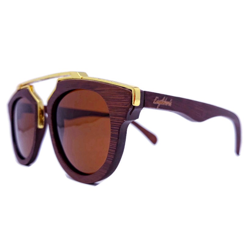 Engleberts Cherry Wood Full Frame sunglasses with polarized lenses and gold trim, displayed in a bamboo case.