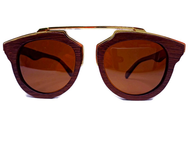 Engleberts Cherry Wood Full Frame sunglasses with polarized lenses and gold trim, displayed in a bamboo case.