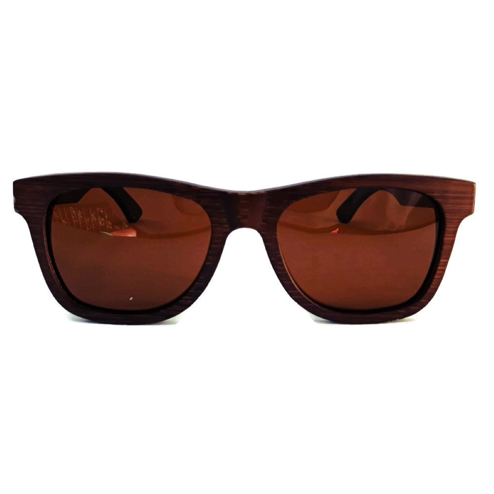 Engleberts Crimson Wooden Sunglasses with tea-colored polarized lenses, showcasing handcrafted wooden frame and stylish design.