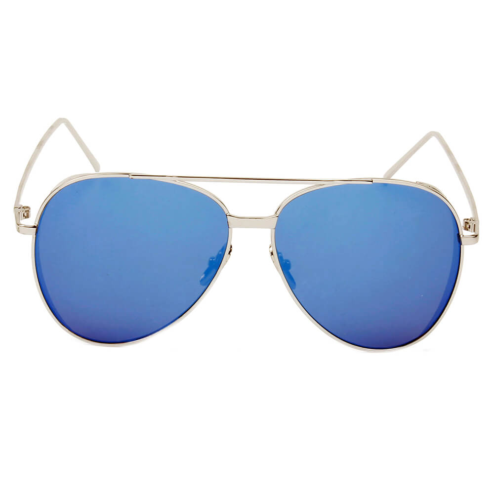 DELAN Premium Mirrored Lens Oversize Aviator Sunglasses with thick rims and lustrous metal frame, showcasing colorful mirrored lenses.