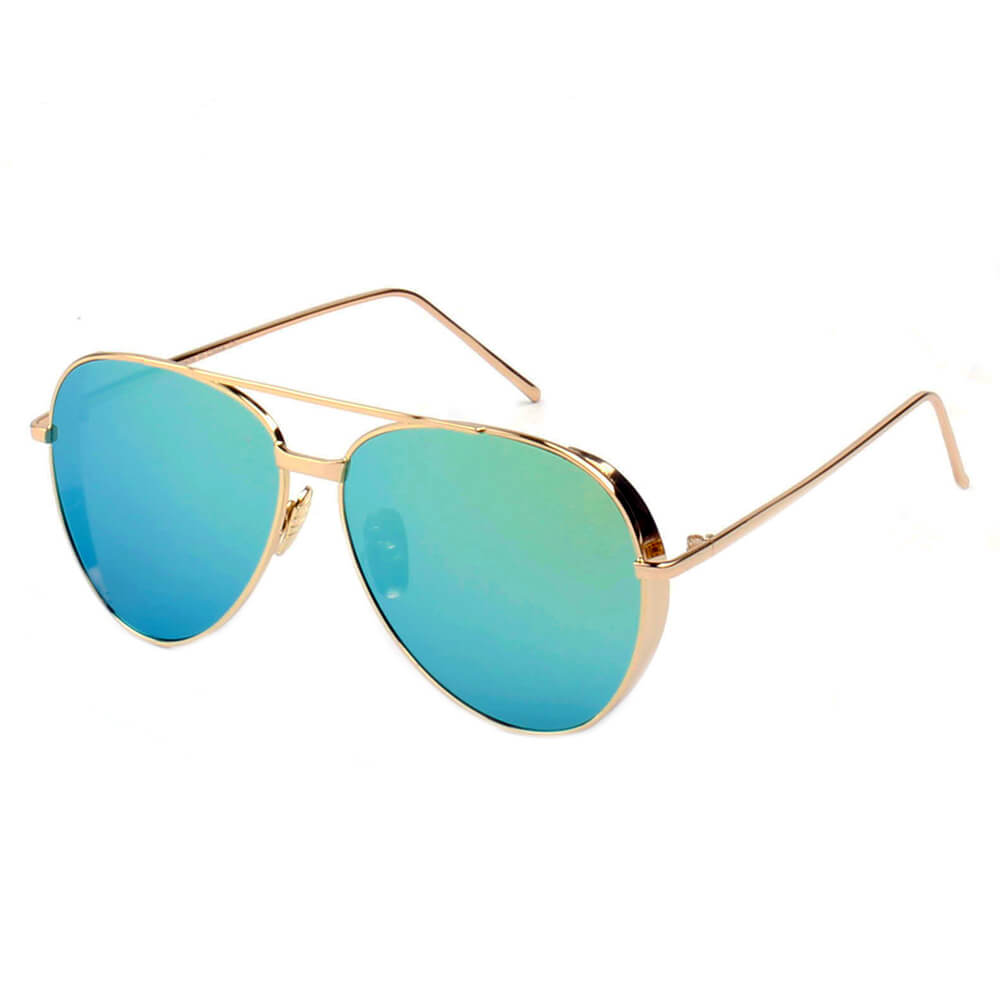 DELAN Premium Mirrored Lens Oversize Aviator Sunglasses with thick rims and lustrous metal frame, showcasing colorful mirrored lenses.