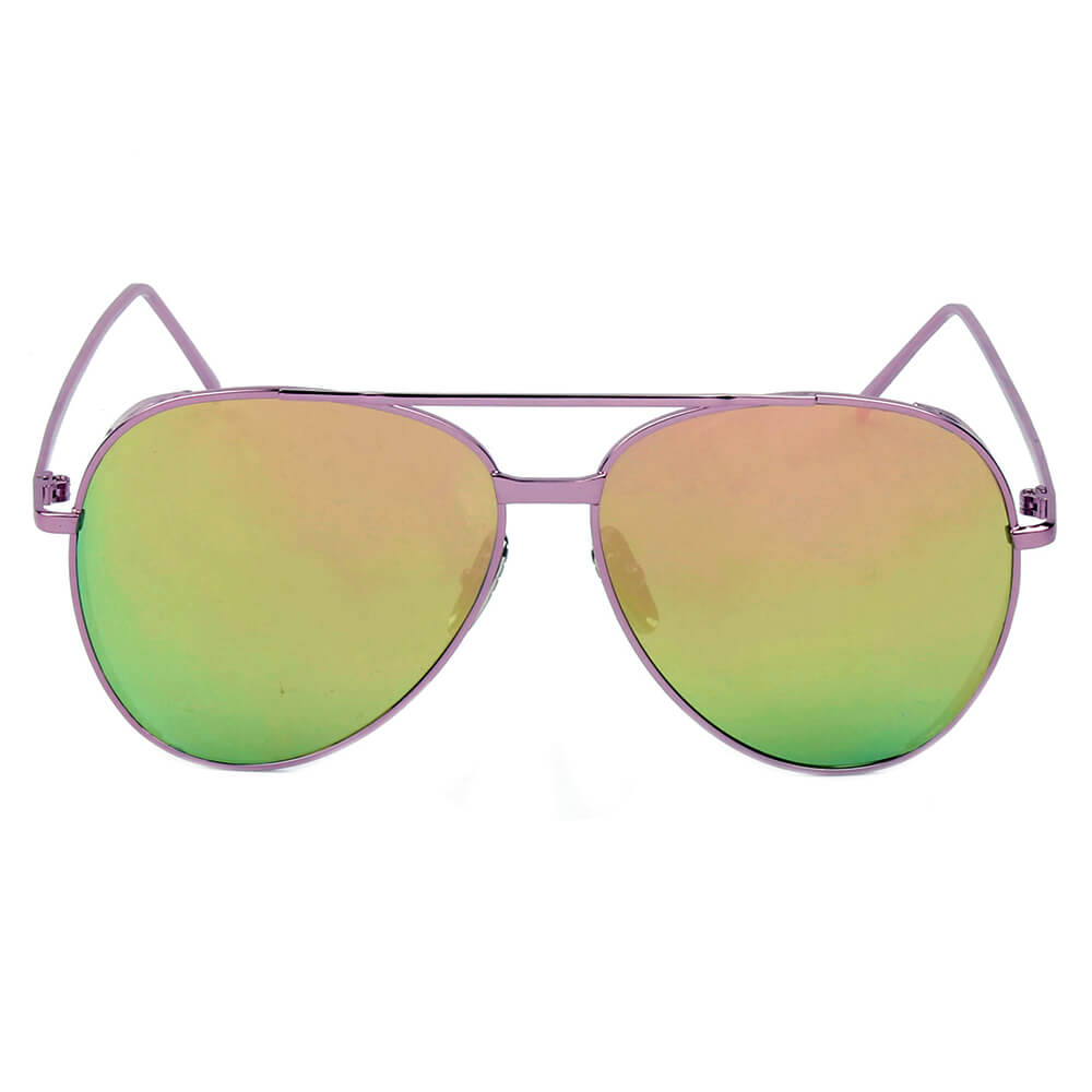 DELAN Premium Mirrored Lens Oversize Aviator Sunglasses with thick rims and lustrous metal frame, showcasing colorful mirrored lenses.