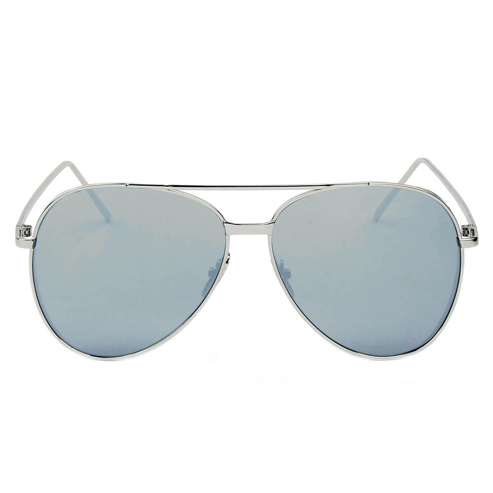 DELAN Premium Mirrored Lens Oversize Aviator Sunglasses with thick rims and lustrous metal frame, showcasing colorful mirrored lenses.