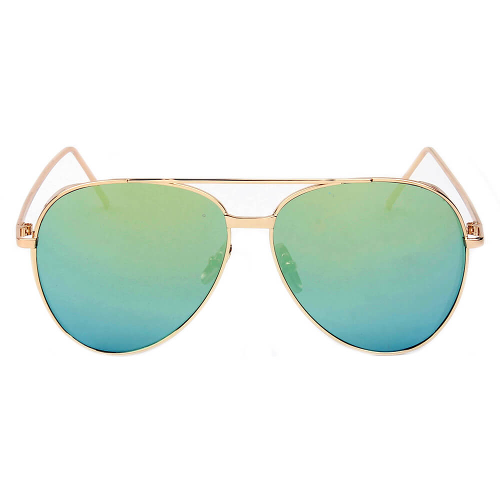 DELAN Premium Mirrored Lens Oversize Aviator Sunglasses with thick rims and lustrous metal frame, showcasing colorful mirrored lenses.