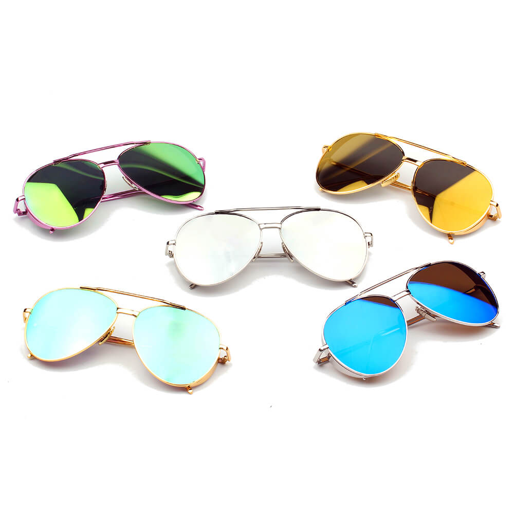 DELAN Premium Mirrored Lens Oversize Aviator Sunglasses with thick rims and lustrous metal frame, showcasing colorful mirrored lenses.