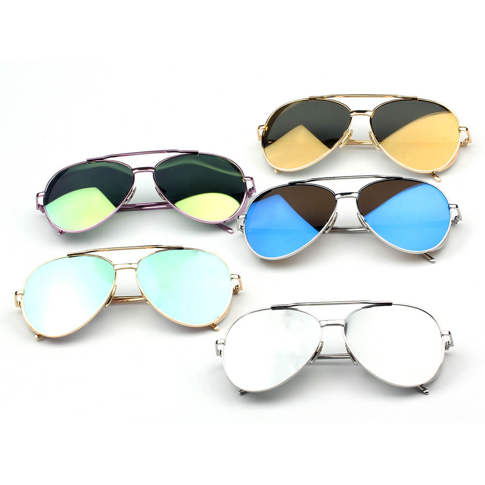 DELAN Premium Mirrored Lens Oversize Aviator Sunglasses with thick rims and lustrous metal frame, showcasing colorful mirrored lenses.