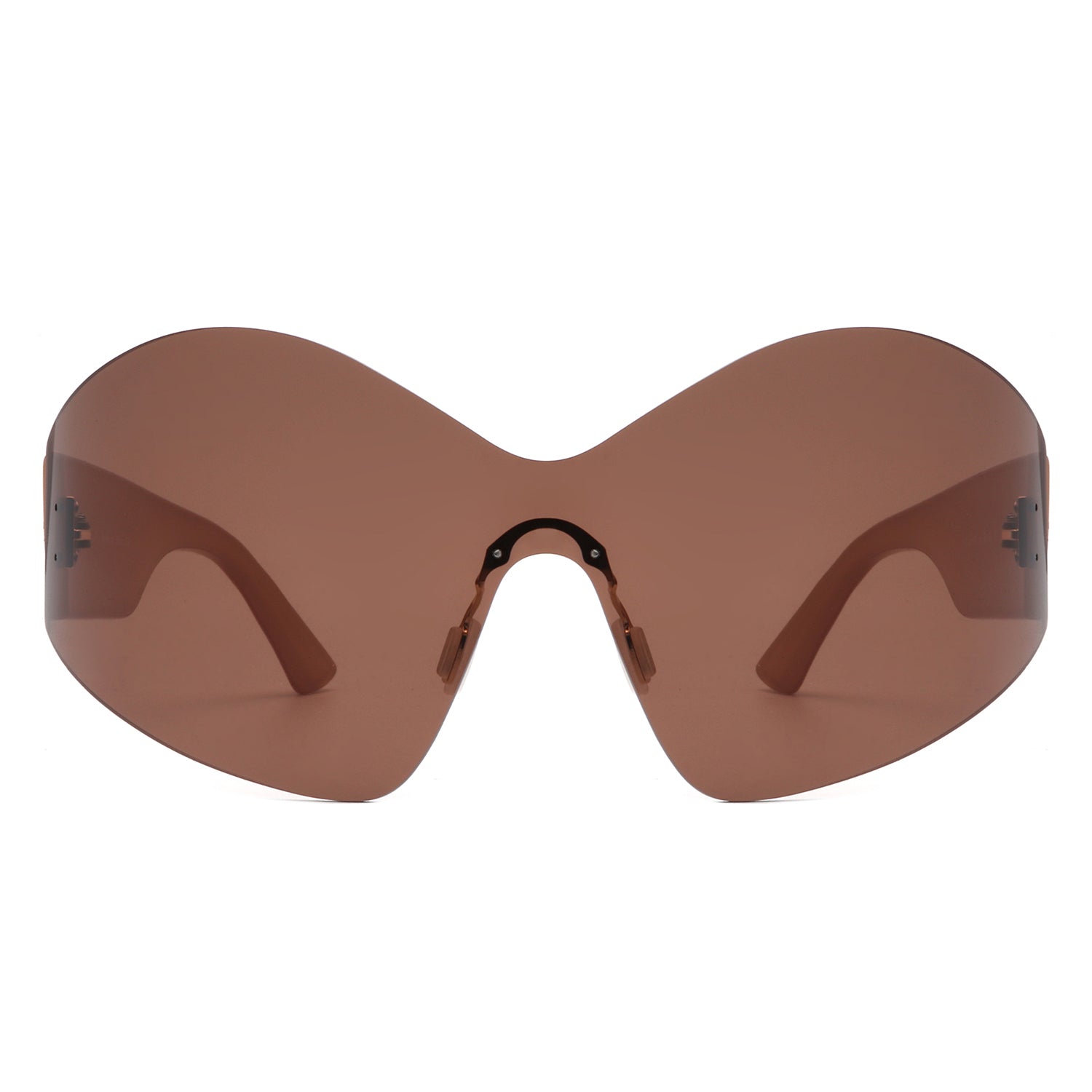 Electra Oversized Rimless Wraparound Shield Sunglasses with a sleek design and protective lenses.