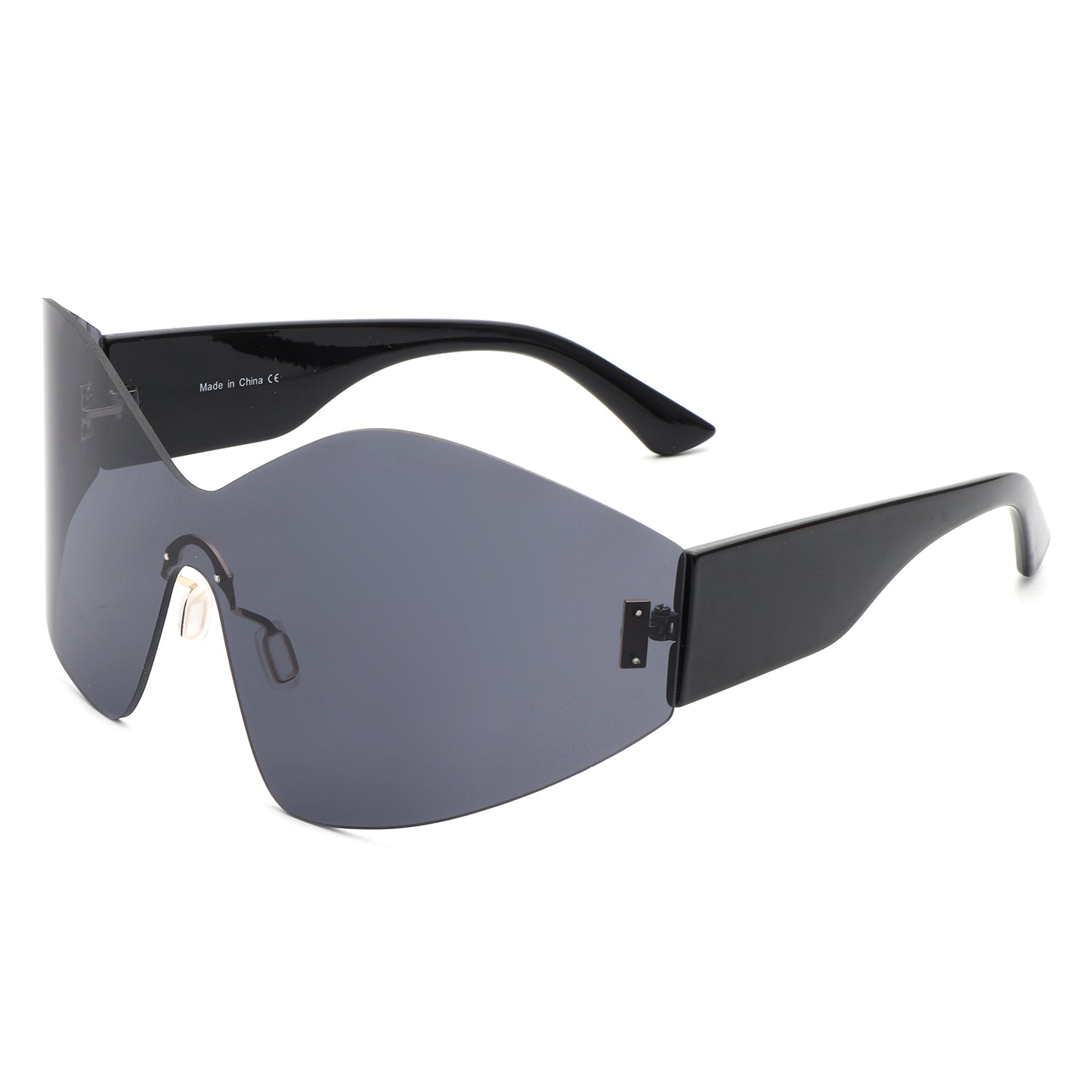 Electra Oversized Rimless Wraparound Shield Sunglasses with a sleek design and protective lenses.