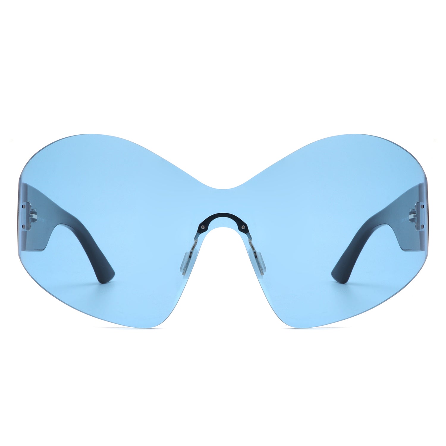 Electra Oversized Rimless Wraparound Shield Sunglasses with a sleek design and protective lenses.