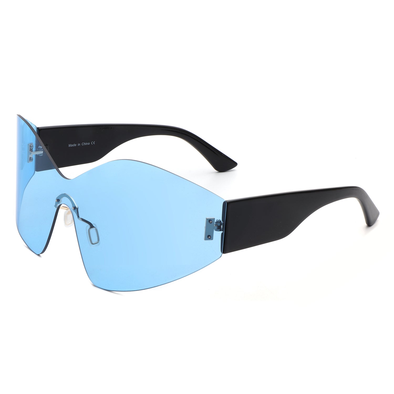 Electra Oversized Rimless Wraparound Shield Sunglasses with a sleek design and protective lenses.