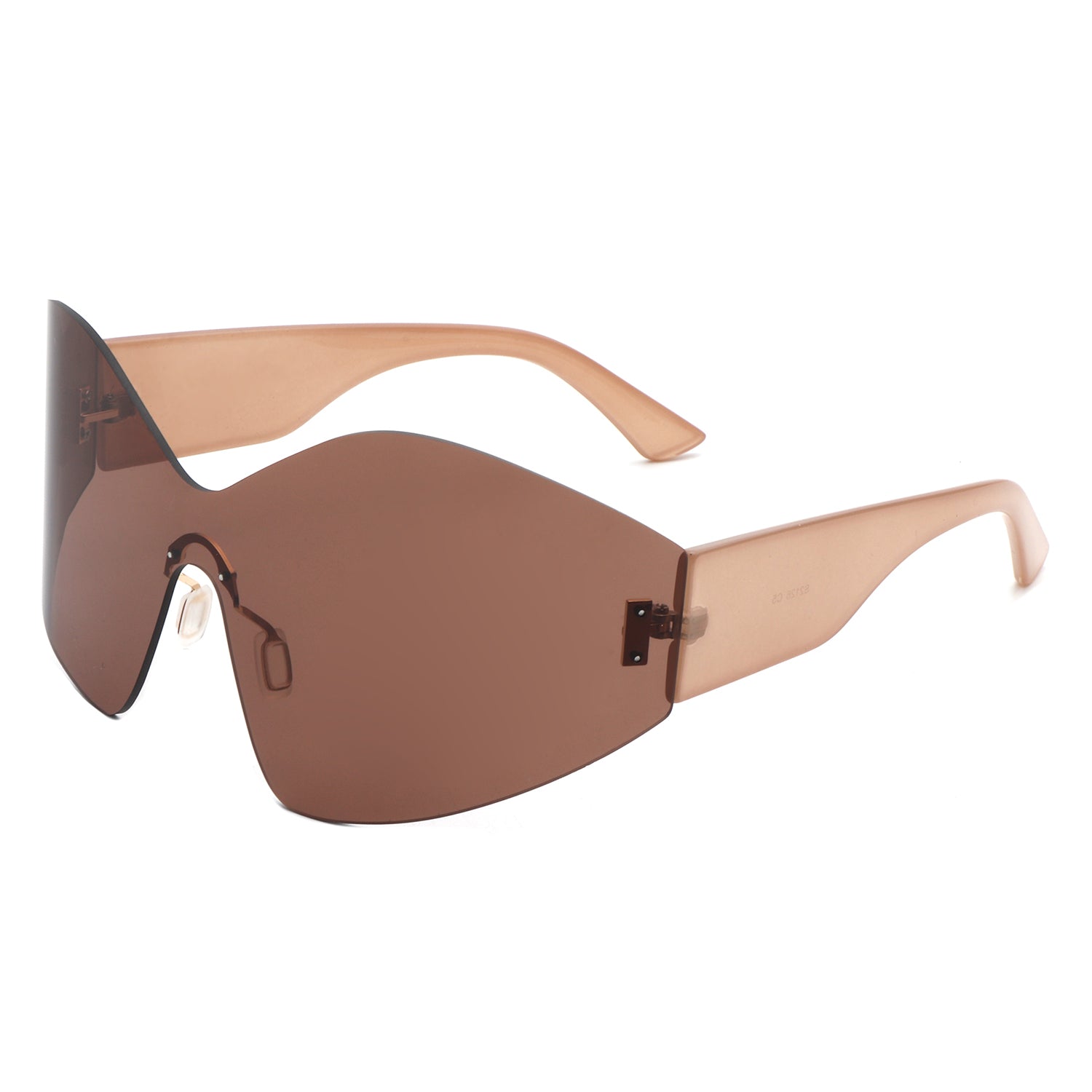 Electra Oversized Rimless Wraparound Shield Sunglasses with a sleek design and protective lenses.